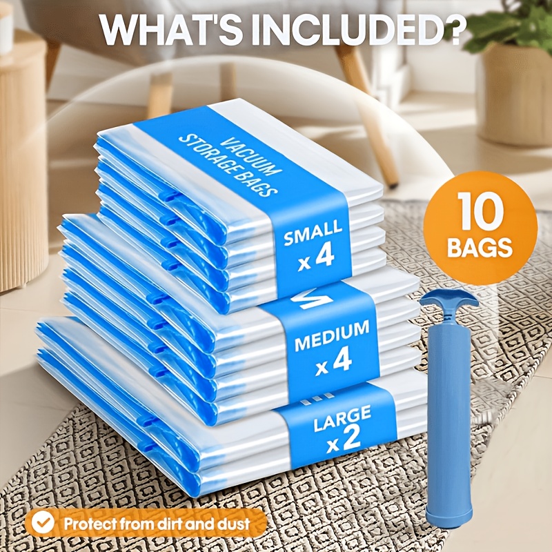 TEMU 11pcs Vacuum Compression Storage Bag Set With Portable Hand Pump Large + Medium + Small And Hand Pump Suitable For Bedding, Clothes, Travel