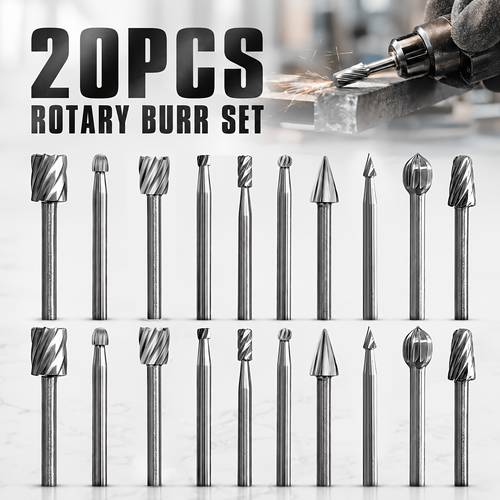 20pcs high rotating burrs knife set 10 kinds of cutter head shape carving grinding head 1 8 shank multi purpose grinding tool suitable for wood metal cutting