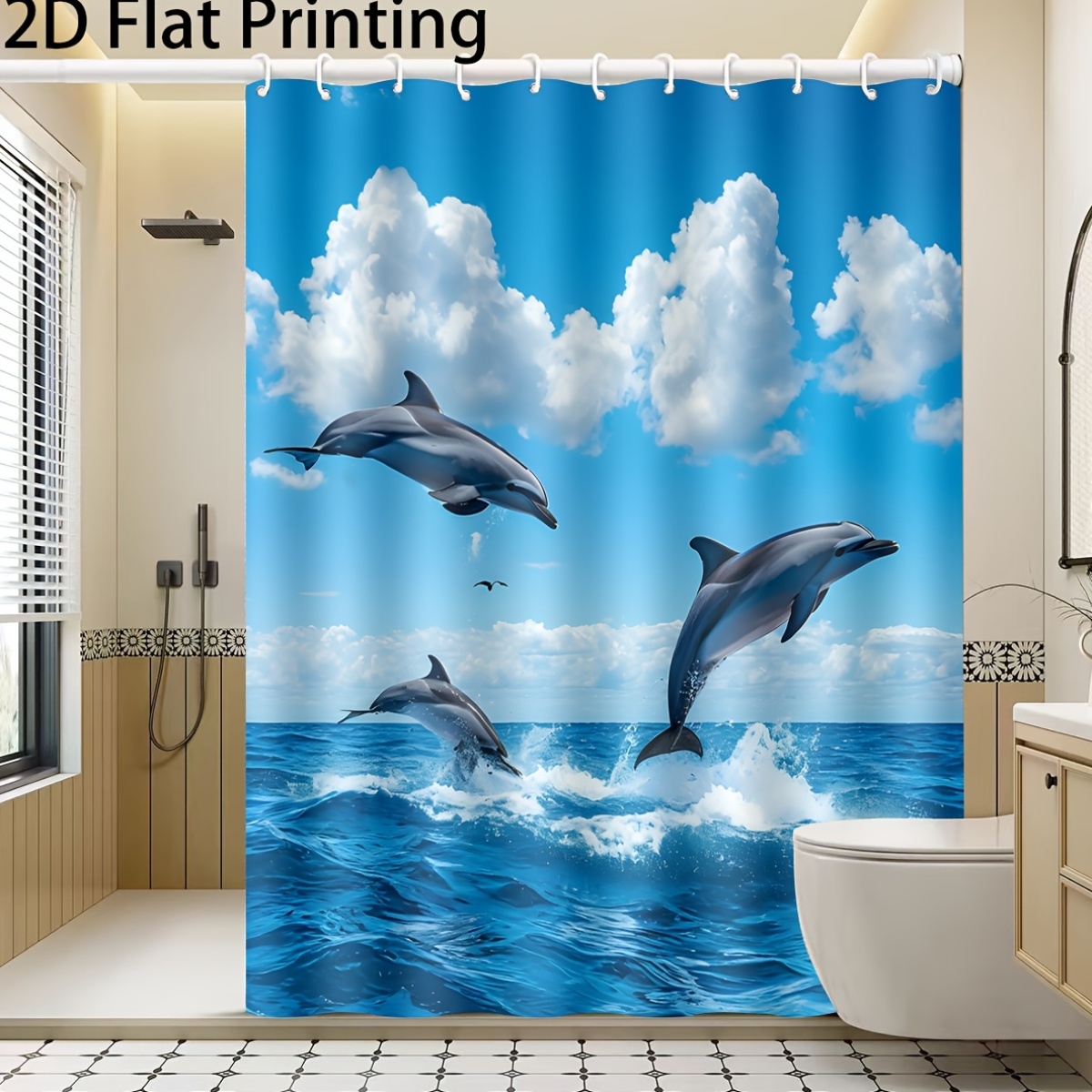 Dolphins Leaping from Ocean Pattern Shower Curtain with Hooks