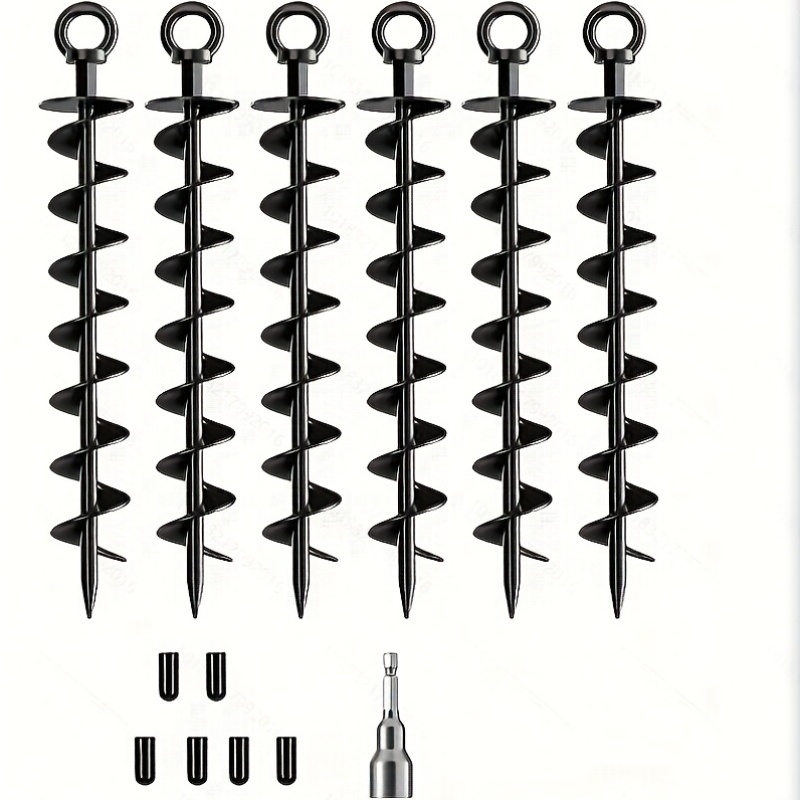 TEMU 6-pack Ground Anchor Screws, Heavy-duty Tent Pegs For Bungee Poles, Wind-resistant Tent Stakes, Suitable For Tents, Trampolines, , Carports,