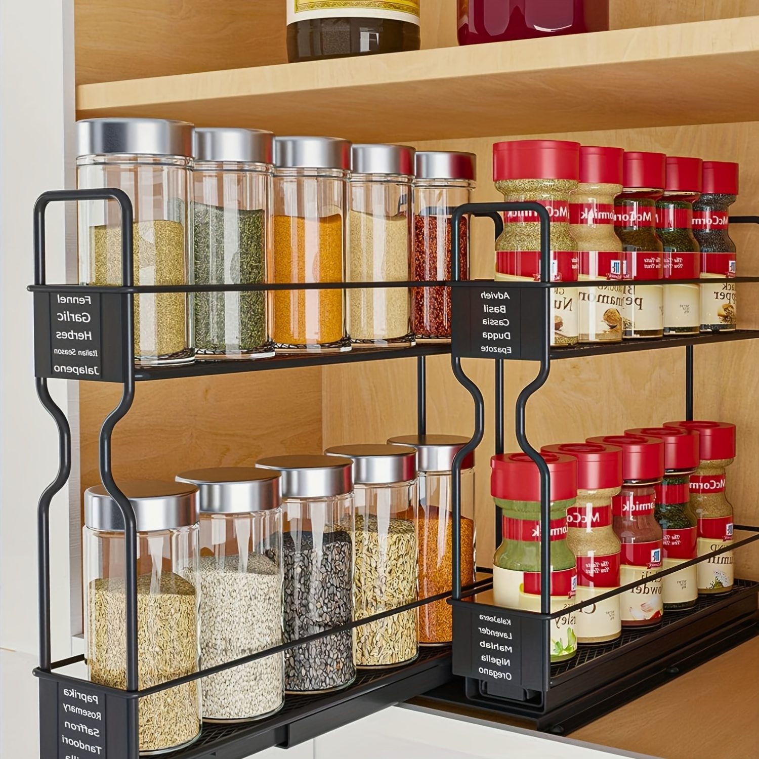 Image of Dual-glide Kitchen Spice Rack Organizer - Pull-out, Cabinet-mounted With Chalkboard Labels & Marker, Multi-use Metal Storage For Spices And Seasonings, Includes Containers, Spice Organizer Rack