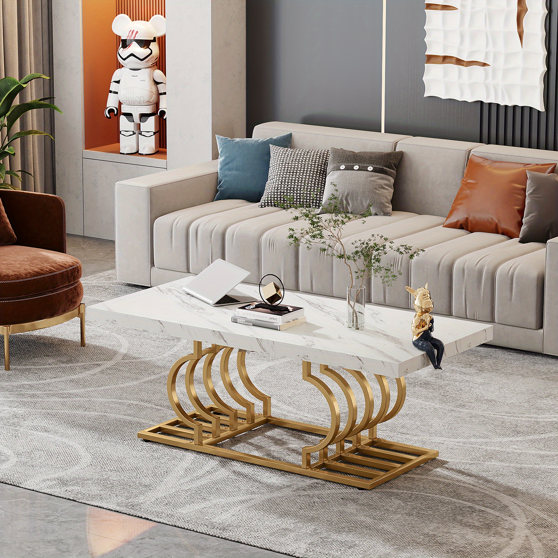 Modern Coffee Table, 47 Inch Marble Cocktail Table With Geometric Frame, Rectangular Center Table Tea Table Accent Furniture For Living Room, Easy Assembly (white/golden)