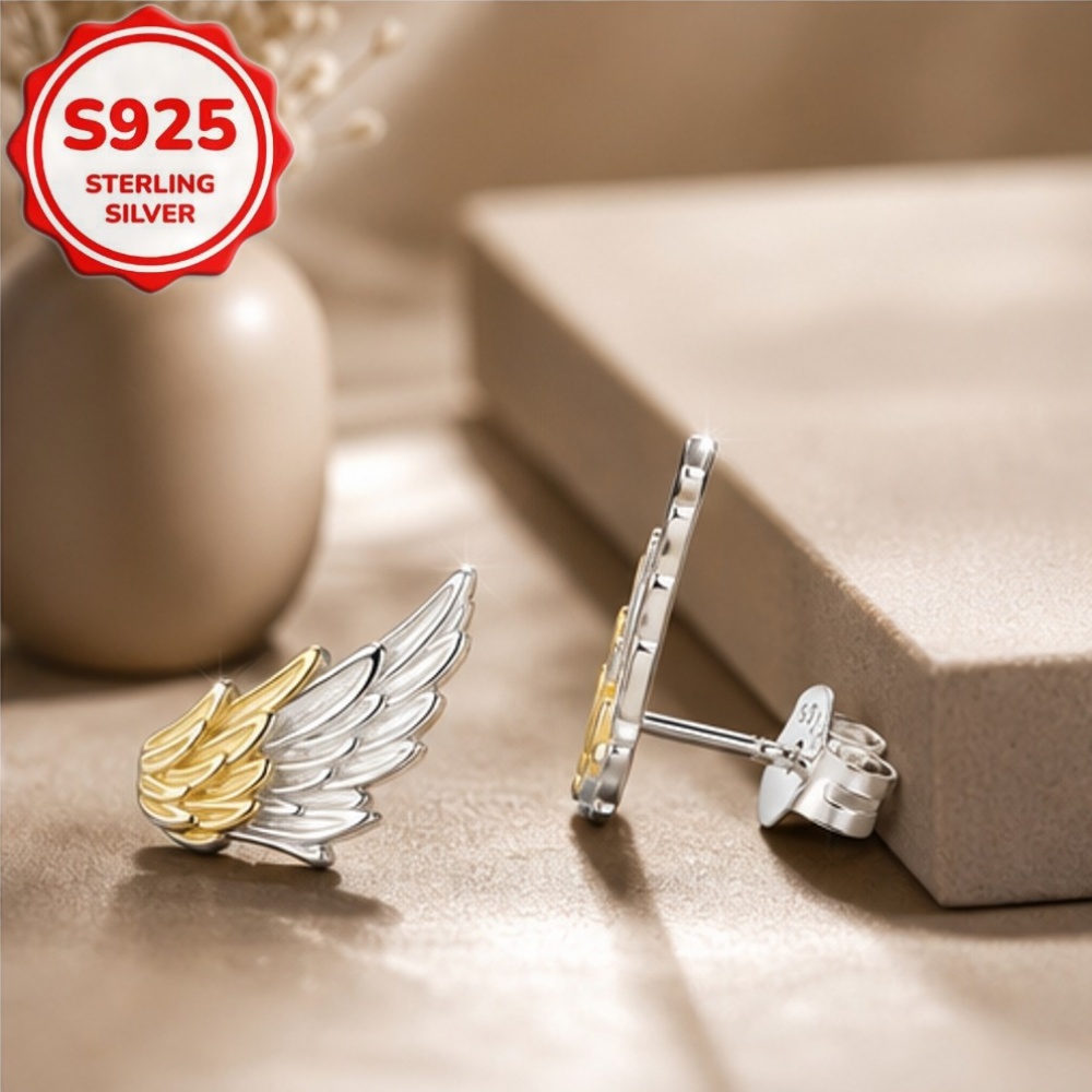 2pcs S925 Sterling Silvery Two-Tone Wing Stud Earrings, Holiday Gift