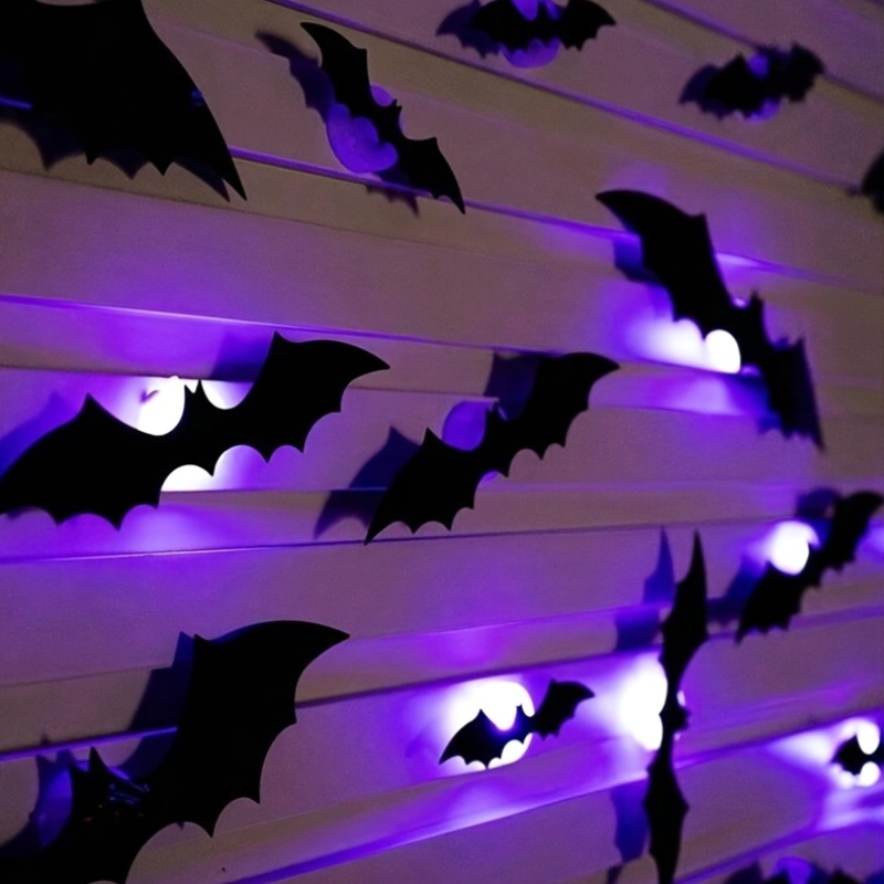 12 24 36pcs lighted 3d glowing bat wall stickers with glowing eyesself lit   assorted sizes for indoor outdoorhome window garage party halloween decorations spooky batsilhouettes   stick   removable pvc