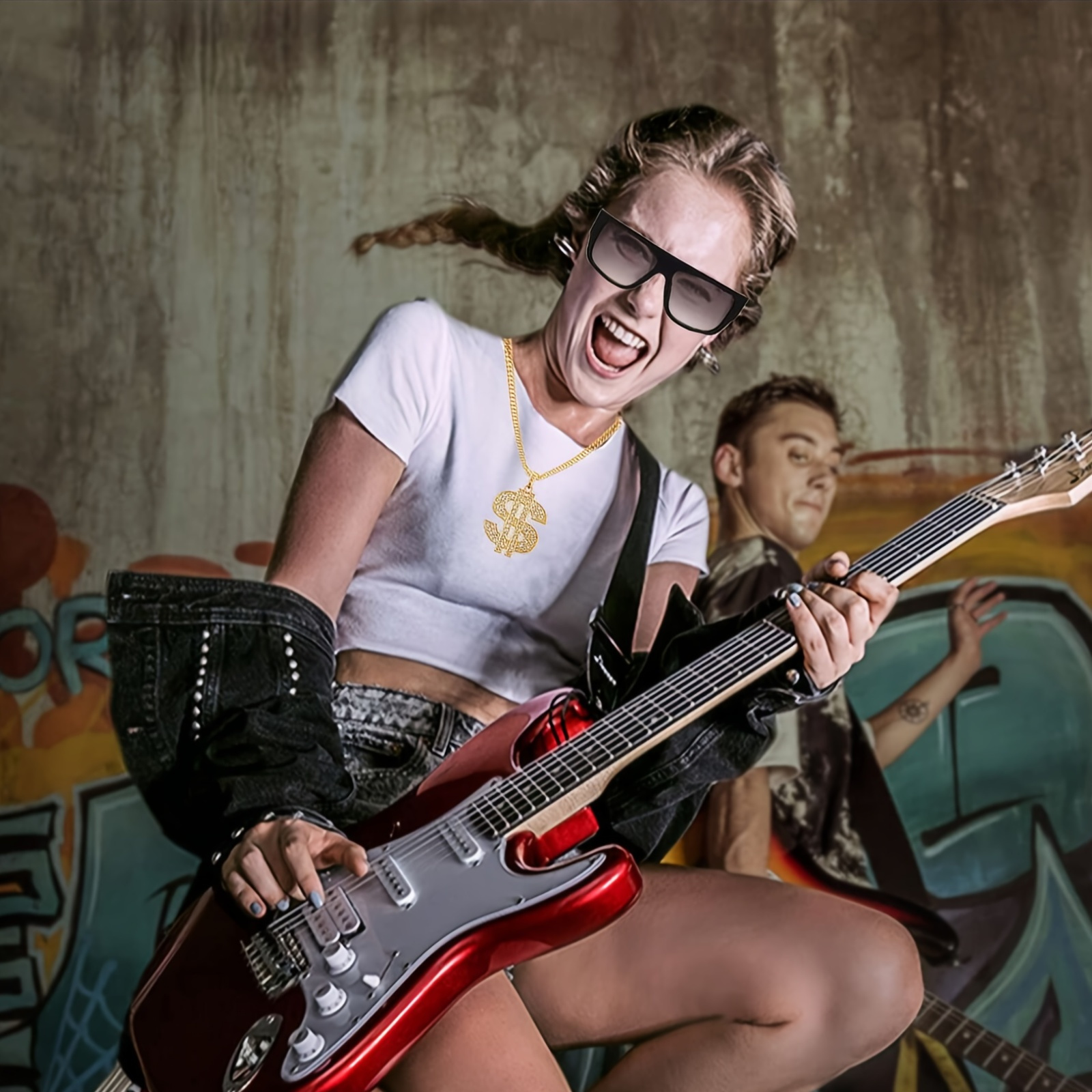 ZJRung Kit Costume Hip Hop - Lunettes, Bagues, Chapeau, Collier Dollar, Bracelet Chaîne Or 80s-90s
