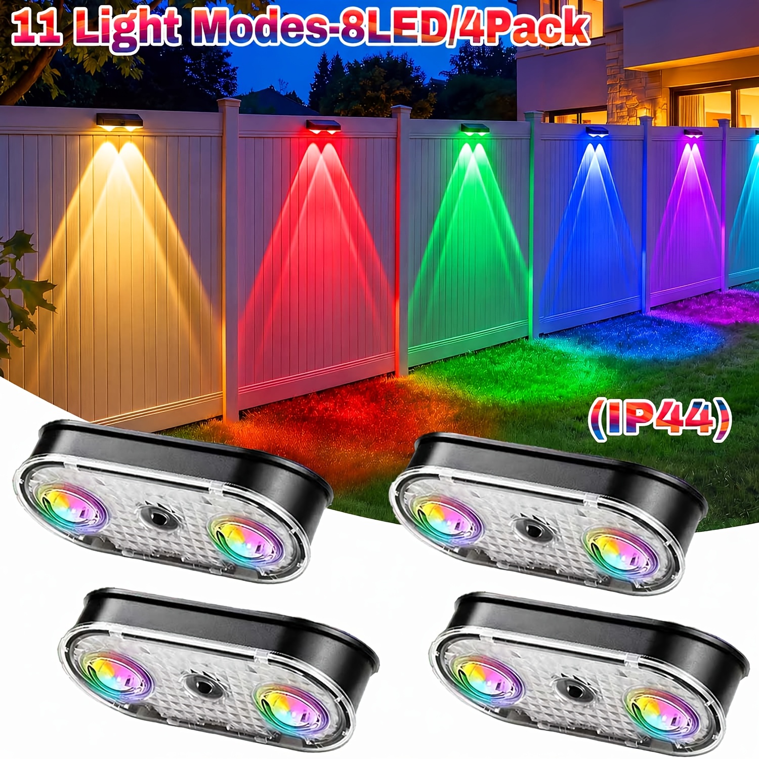 TEMU 8/4 Led Solar Fence Lights, 4/2pack Solar Wall Lights, 11 Lighting Modes, Rgb Garden Lights, Outdoor Ip44 Deck Lights, Suitable For
