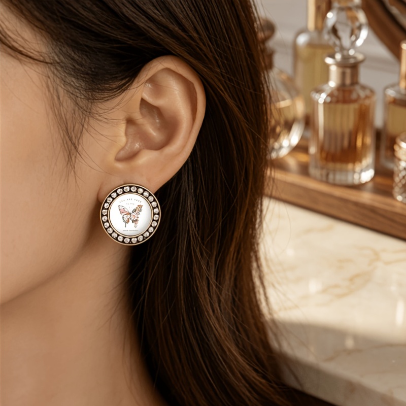 2pcs Transparent Glass Inlaid Stud Earrings Set, Butterfly & Rose