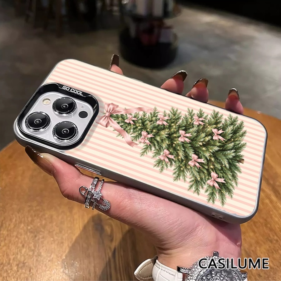 Phone Case - 1pc Pink Striped Christmas Tree with Pink Bow   Style Phone Case Suitable for   Iphone 12 17 13 16 Pro Max 8Plus XS Max 15 X 11 XR 14 18 7 Printed Pattern Case Shock Proof Protective Phone Case   Lightweight Cover