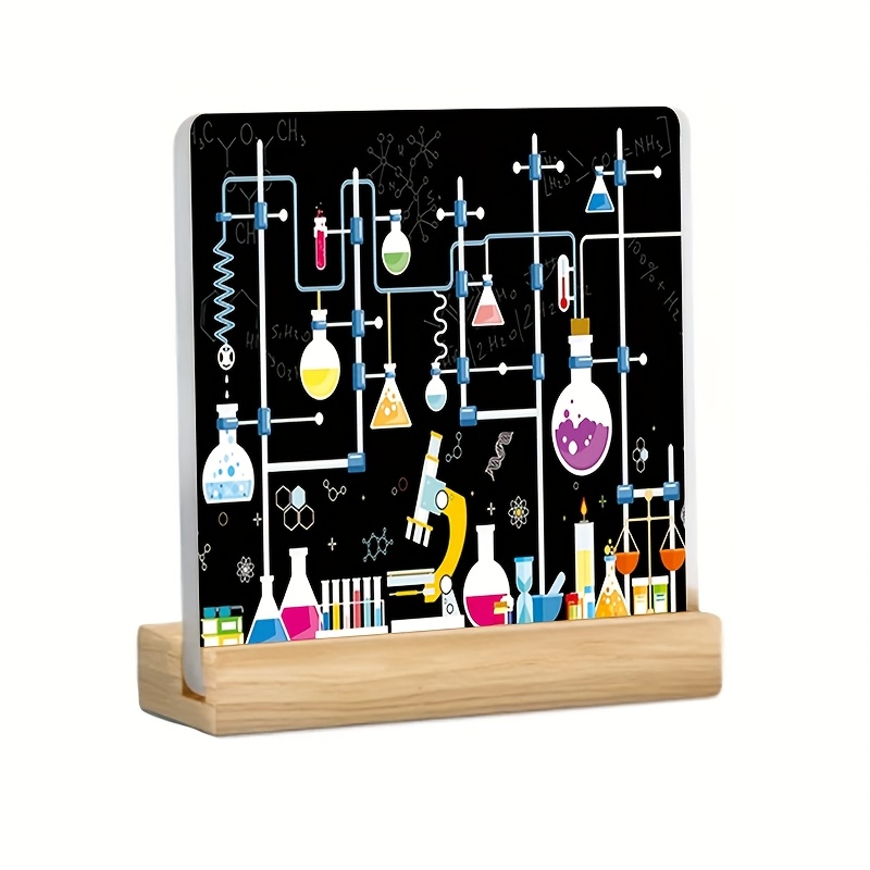 [2D Flat] 1pc Chemistry Laboratory Science Acrylic Plaque with Wooden Base - Cool Design Featuring Test Tubes, Beakers, and Chemical Elements - Ideal for Home or Office Decor, Educational Gift, or Laboratory Decoration, Chemistry Classroom Decorations