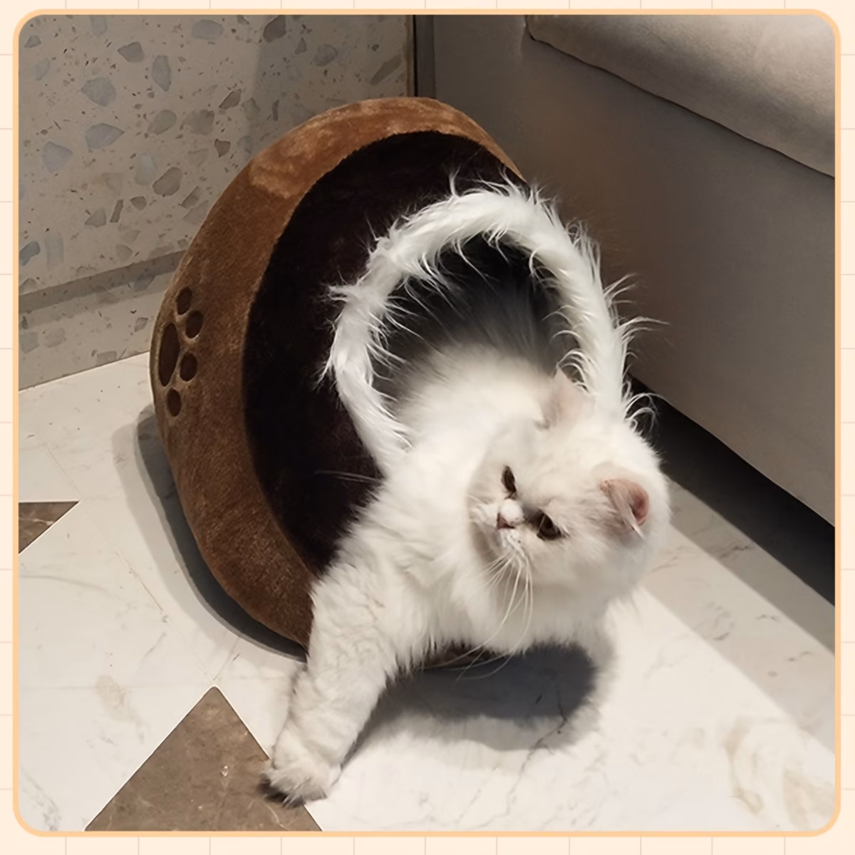 soft plush cave cat bed with fluffy trim entrance warm enclosed pet sleeping nest cozy hideaway shelter for indoor kittens small cats Product details 1