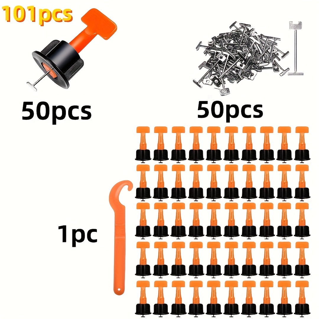 TEMU Kit di livellamento piastrelle 101pz/202pz, 100 pezzi livellatori per piastrelle 1/16", 100 cunei in acciaio e 2 chiavi inglese, di livellamento
