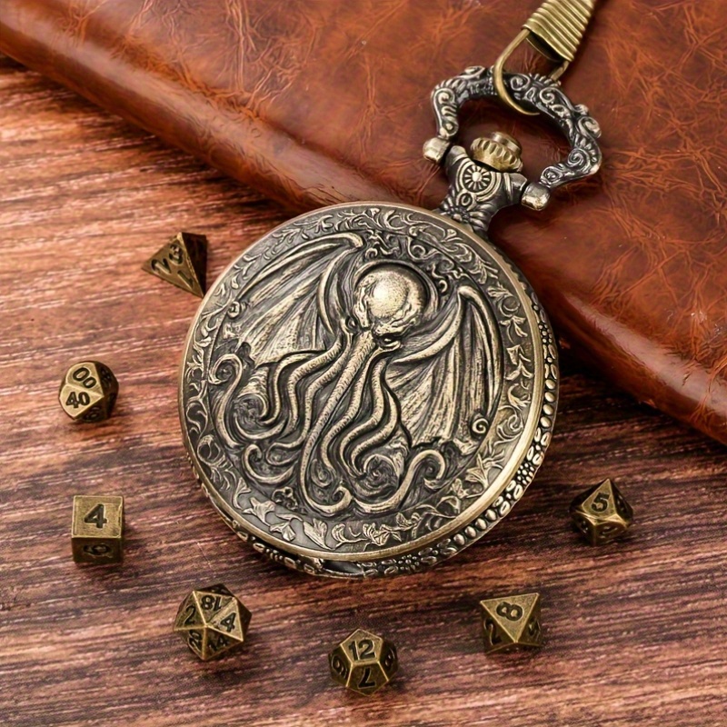 Vintage Winged Octopus Pocket Watch Case with Gaming Dice