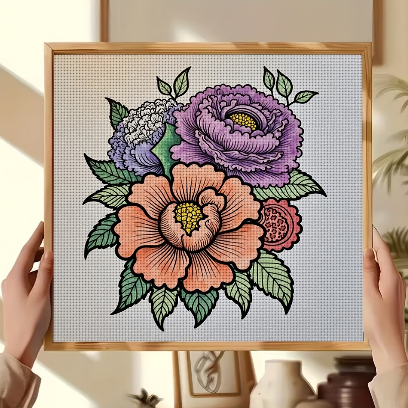 Frameless Cross-Stitch Printing Kit, Colorful Floral Illustration