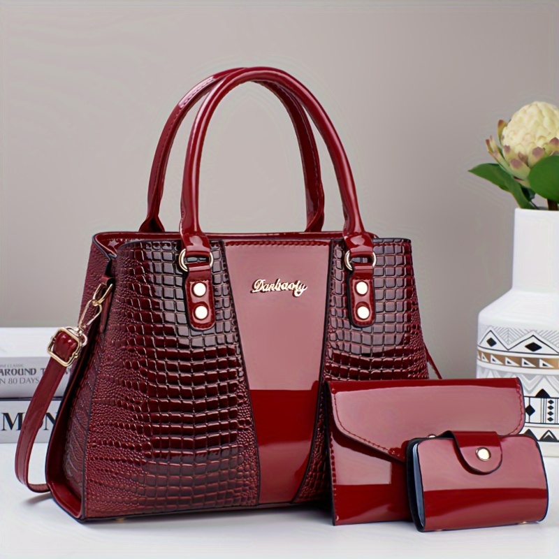 

Women' Tote Bag With Wallet, Leather, Solid Color, Zip Closure, Polyester , City Theme, In Red, Black, , Golden, Brown - No Wash