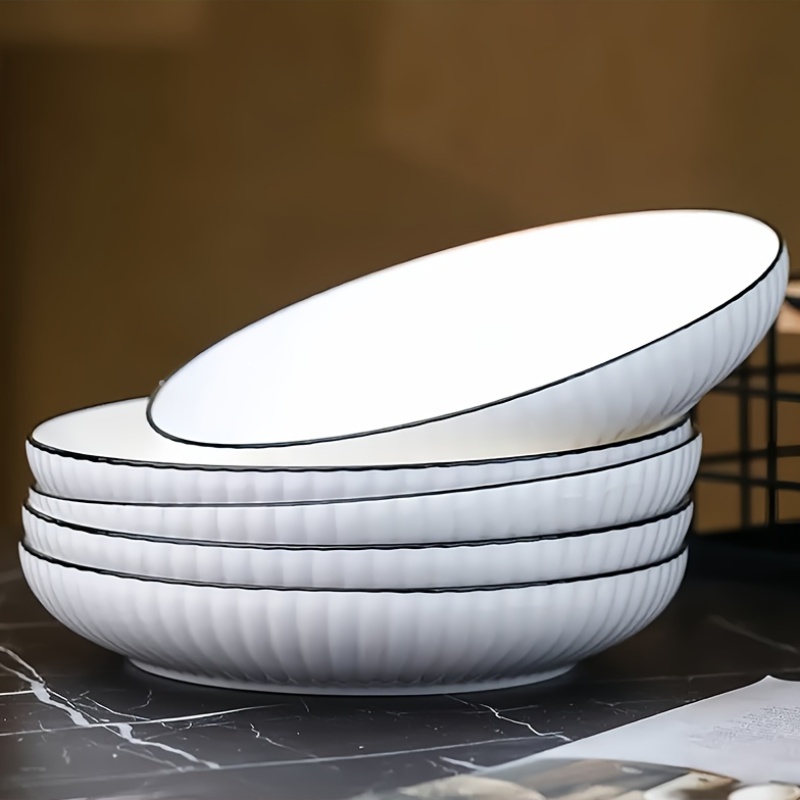 TEMU Set Of 4 Stylish White Ceramic Dinner Plates/8-inch Round Plates/black Rim/suitable For Spaghetti, Salad, Dessert, And Sushi/versatile Kitchen