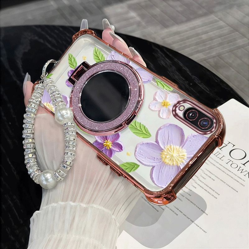 item picture phone case oil painting of purple flowers thermoplastic polyurethane water diamond pearl pendant lanyard glitter makeup mirror stand phone holder case with durable protector compatible with samsung galaxy a02 a02s