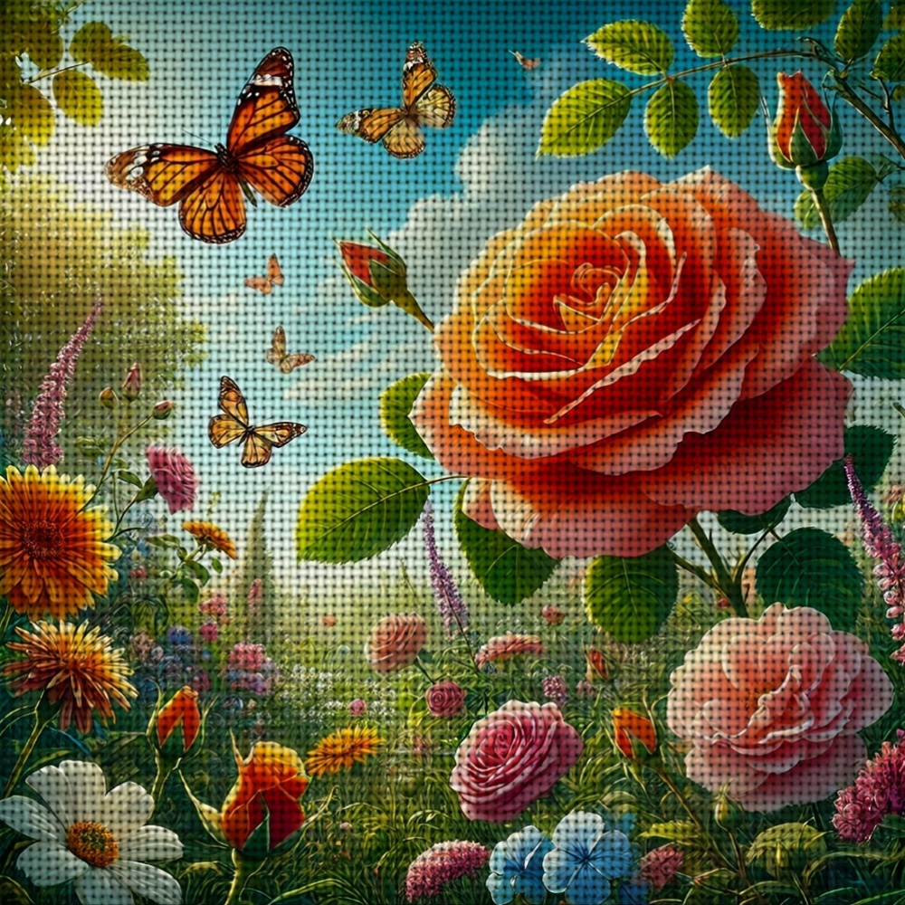 Frameless Cross Stitch Printed Kit, Butterflies Dancing Around Roses