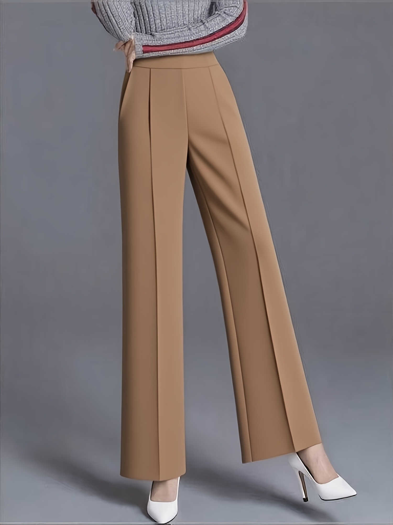 plus size - elegant high-waist wide-leg broek voor dames met zijzakken -    , losse pasvorm, casual kantoorkleding,   voor alle seizoenen, casual kantoorkleding|elegante wideleg broek|stretchy stof 2