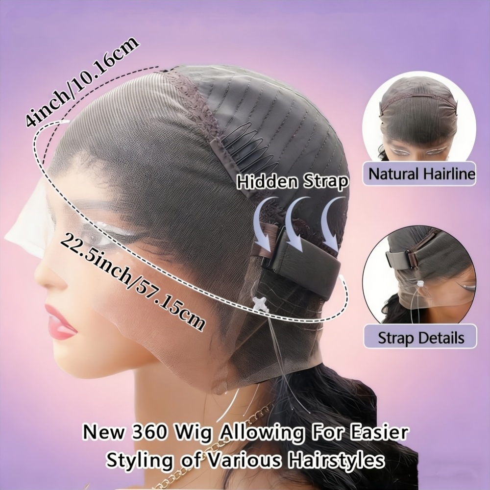 360 Full Lace Body Wave Human Hair Wigs Glueless Hidden Strap Pre Plucked Natural Hairline 180% Density Natural Color Wear & Go High Ponytail Bun Wigs for Women