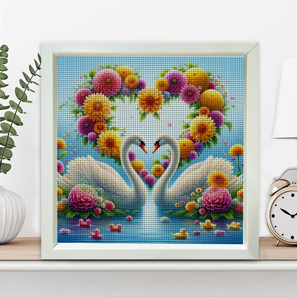 Frameless Cross Stitch Printed Kit, Double Swan Heart-Shaped Flower Ornament