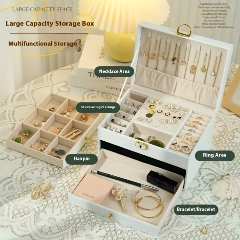 1pc large jewelry organizer box with triple layer drawers elegant   compartments soft lining   for necklace bracelet earring ring pendant jewelry storage case for home or valentines gift idea jewelry box softlining included   Product details 0