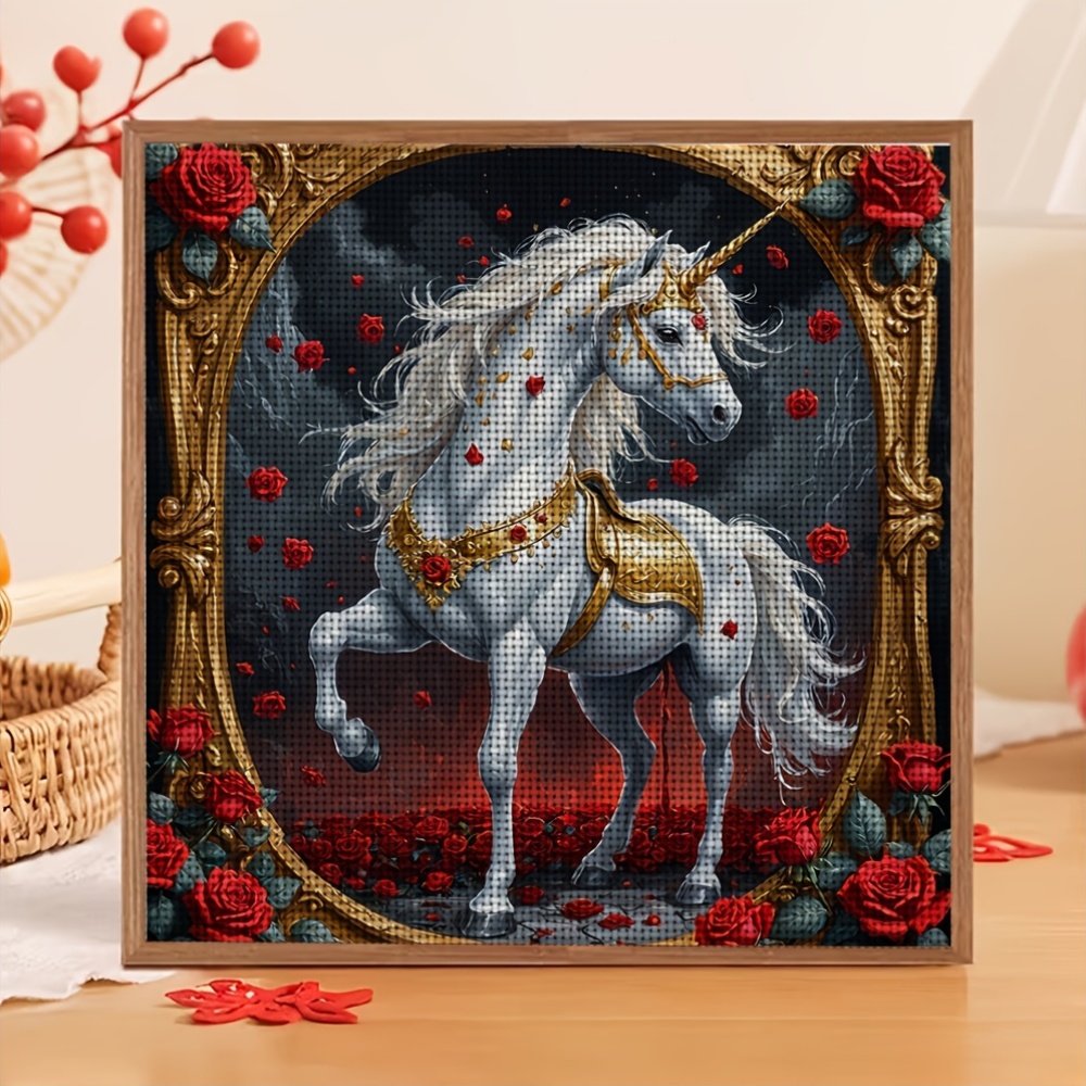 Cross Stitch Printed Kit, Frameless, "Golden Frame Unicorn Rose" Pattern