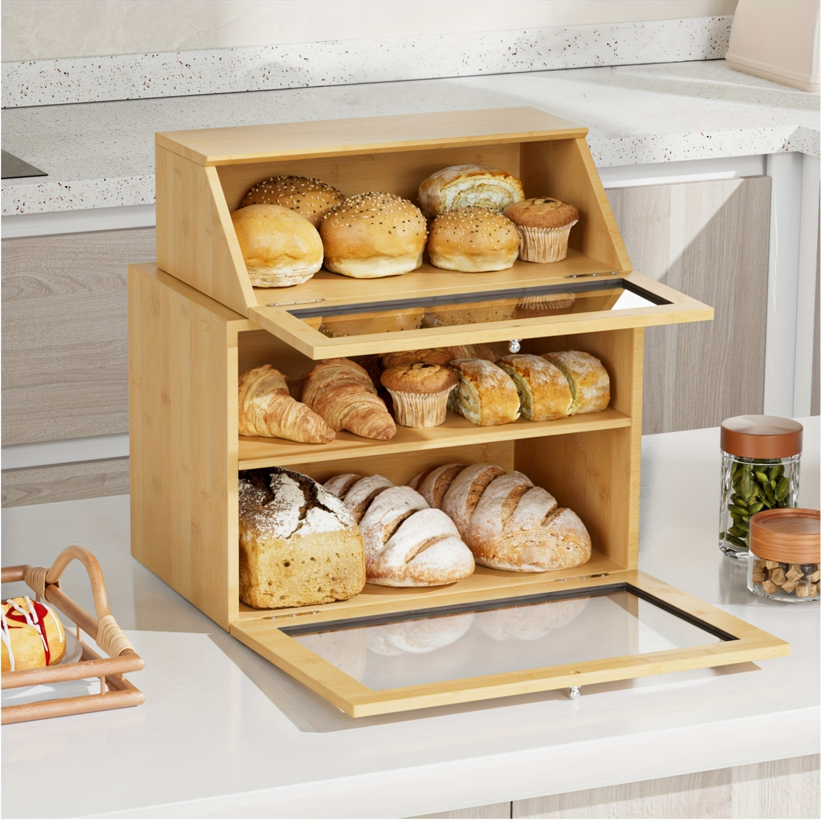 Beglero Bread Box For Kitchen Countertop,Bamboo Bread Box,Corner Bread Box With Plastic Bag Organizer,Kitchen Countertop Food Storage Box With 2-Tier