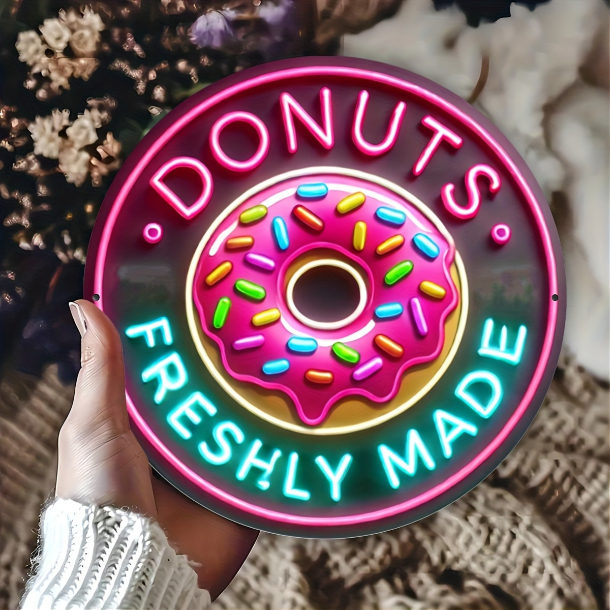 

1pc, Vintage Style 8" Round Neon Donut Sign, Made Aluminium Wall Art, Retro Advertising Metal Plate For Home, Cafe, Office, Shop, Bar, Club - Wall Hanging Decor, No Electricity Needed