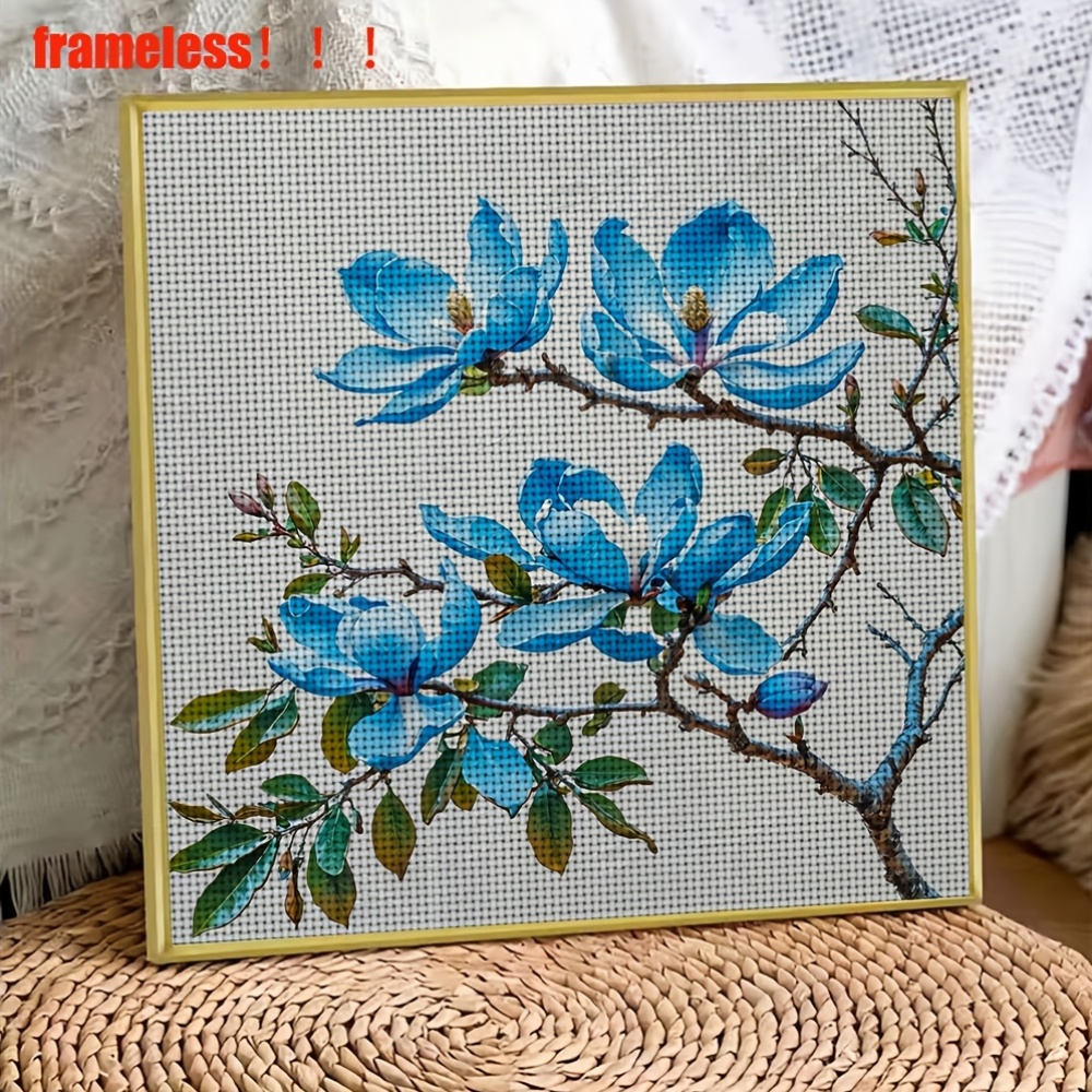 Cross Stitch Printed Kit, Frameless, Blue Magnolia Branch Decoration Pattern