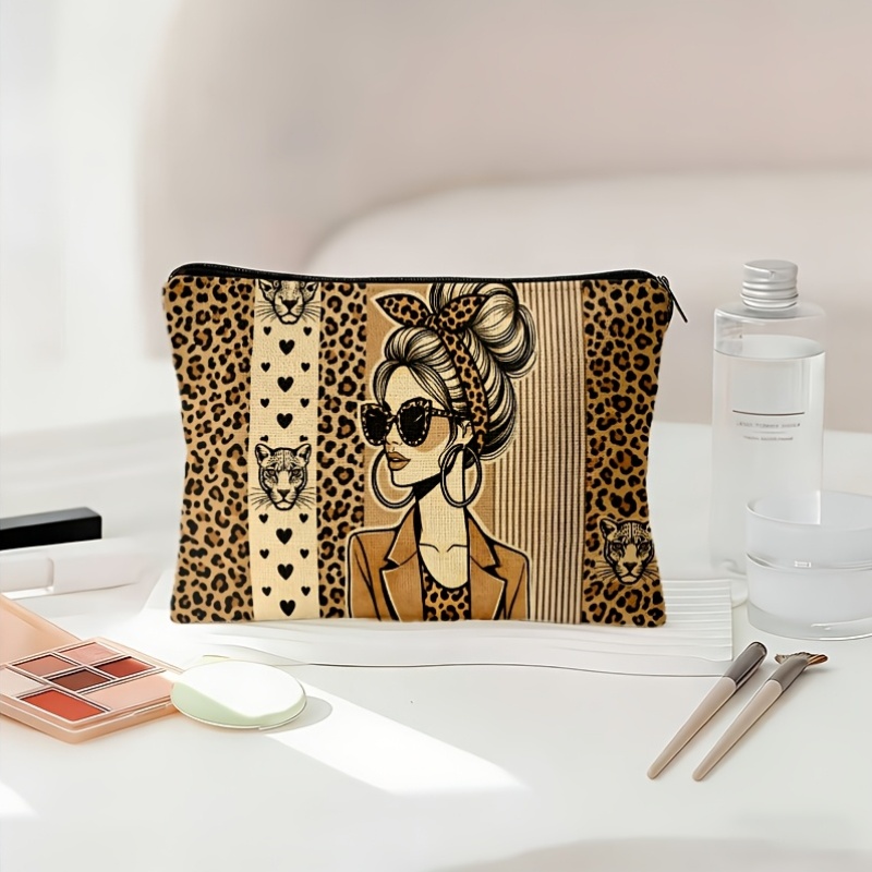 TEMU 1pc 2d Printed Fashion Vintage Leopard Print Girl Illustration Makeup Bag, Quick Organization/lightweight And Portable, /travel Toiletries,