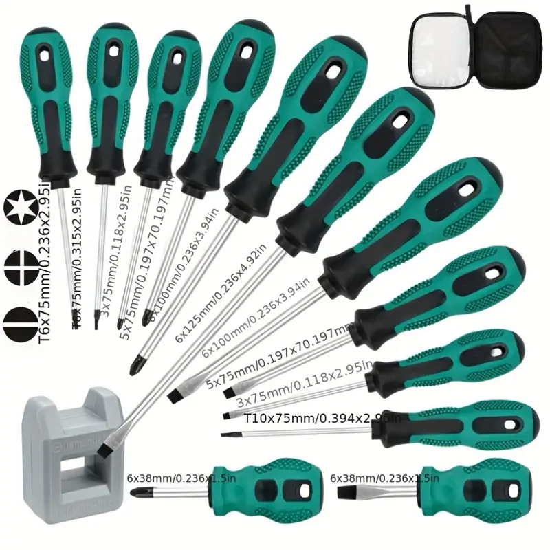 12pcs magnetic screwdriver set chrome vanadium steel multi purpose with phillips flat torx heads non slip rubber handle portable tool case universal repair hand tool kit Product details 5