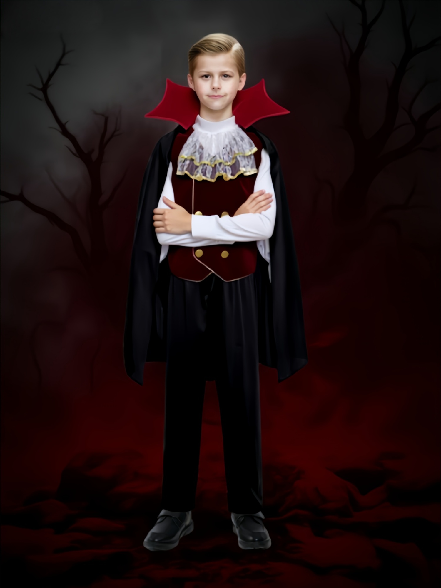 Vampier * voor Jongens, een driedelige set die een shirt, broek en een cape  bevat, geschikt voor carnaval, Halloween, optredens, verjaardagen en  diverse feesten., image size:800x1067