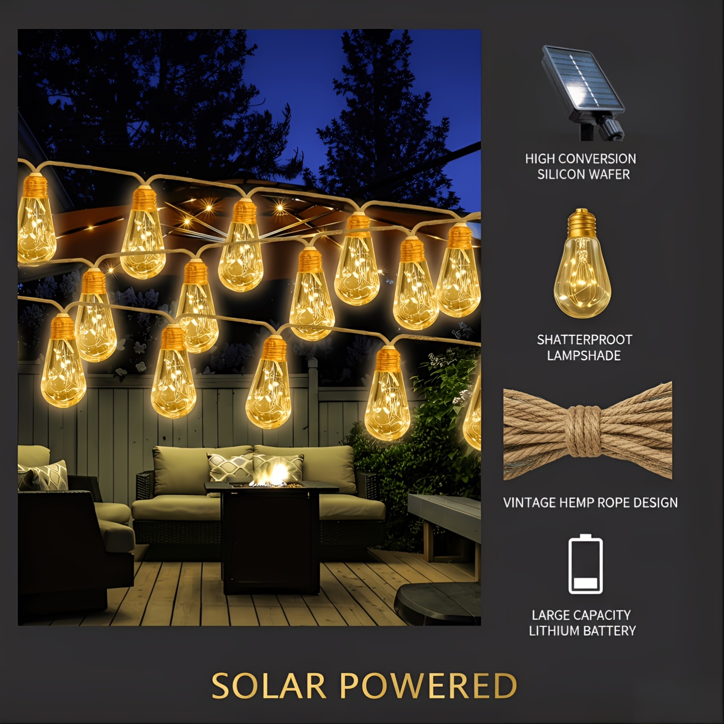Solar Rope Light String with Remote Control, Multi-Mode Outdoor Hanging Lights