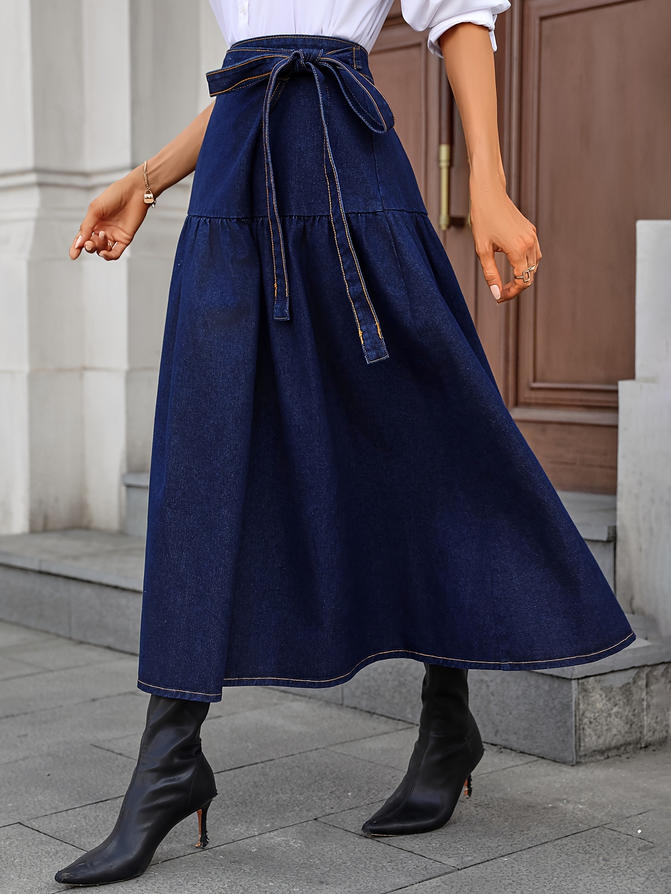 Langer Rock Jeansrock Und Stiefel Stilvolle Lange Jeans Rock Damen