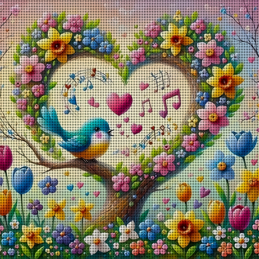 Frameless Cross Stitch Printed Kit, Singing Birds and Flowers Pattern