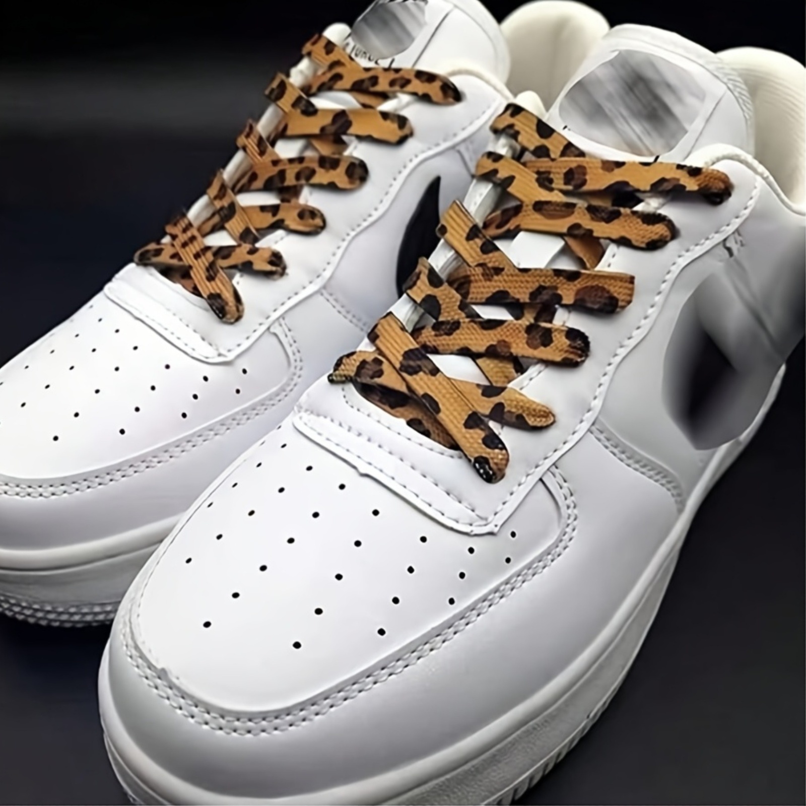 Image of A Set Of Leopard Print Flat Shoelaces (two Laces), Designed As A Replacement For Sneakers And Sports Canvas Shoes. Feature A Durable Ladder Suitable For Men And Women, Without Battery