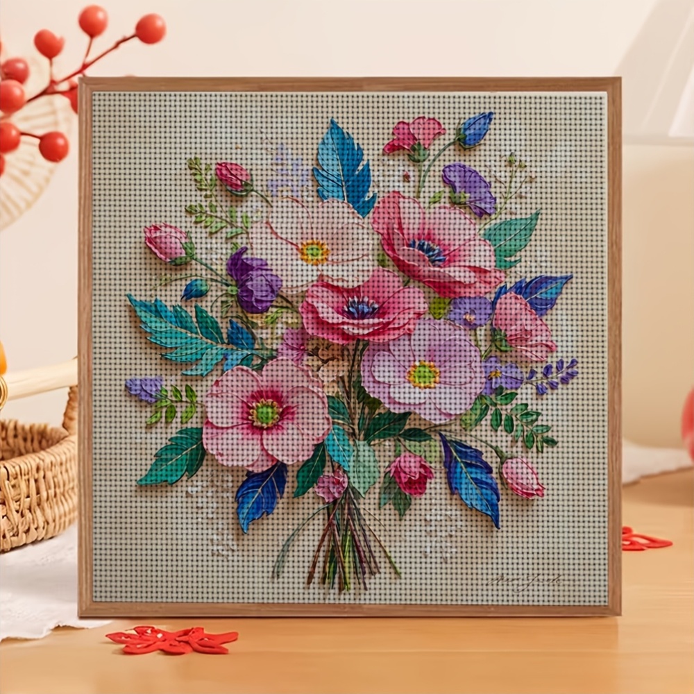 Frameless Stitch Printing Kit with Colorful Bouquet Art Pattern
