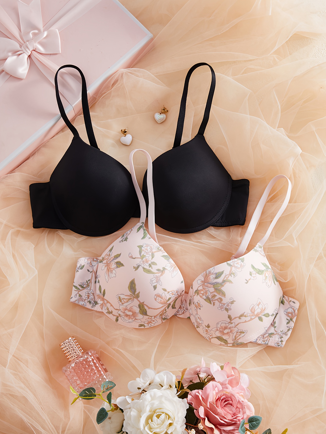 2pcs womens underwire printed bra breathable non removable padding double straps anti sag band back hook casual comfortable bra