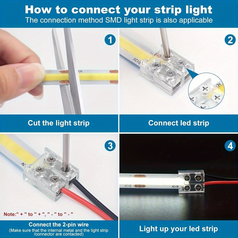 FTVOGUE 10mm 2-Pin COB Strip Light Connector – No Solder, PC Material, For DIY Kitchen & Home LED Projects