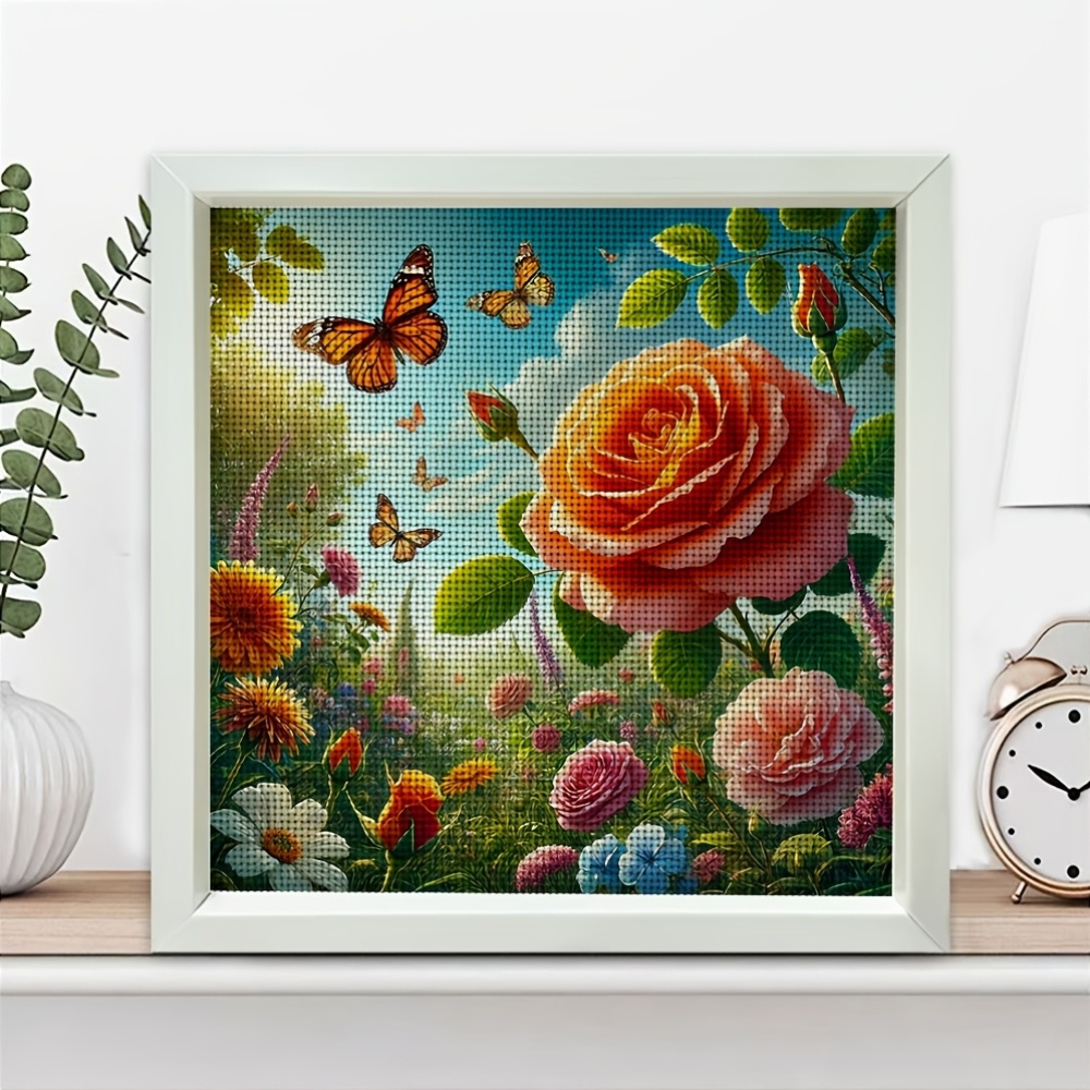 Frameless Cross Stitch Printed Kit, Butterflies Dancing Around Roses