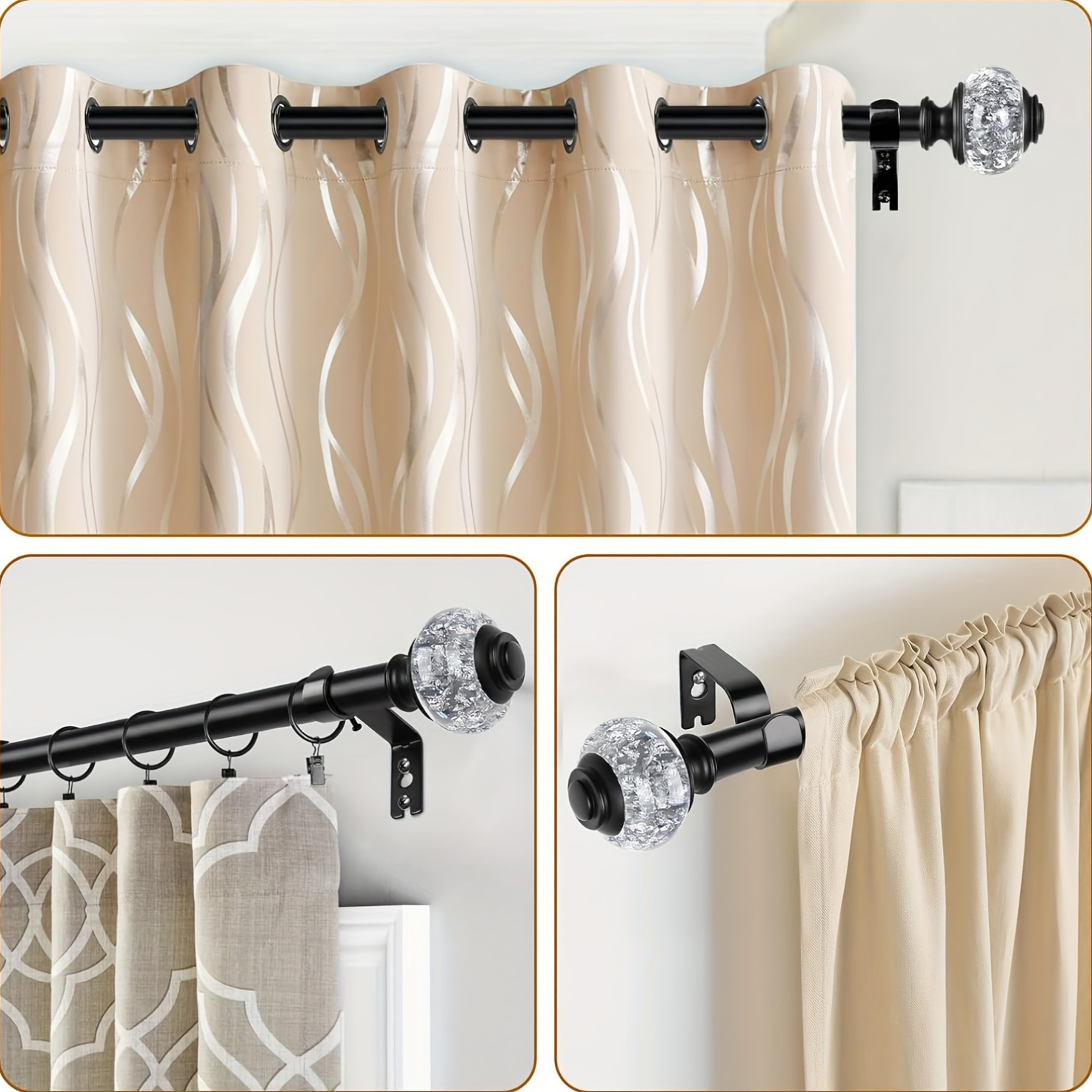 

A 6/8 Inch Golden Curtain Rod, Suitable For Window, Kitchen, And Bathroom Decoration, With And Silvery Decorative Heads.