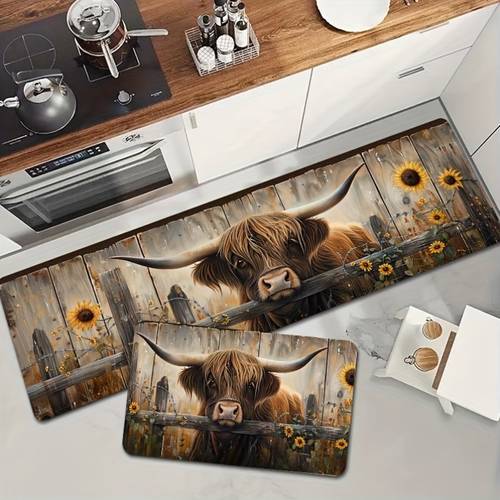 highland cow sunflower kitchen rugs set washable rectangle polyester mats with pvc backing for laundry room bathroom room bedroom non slip easy decor floor mats