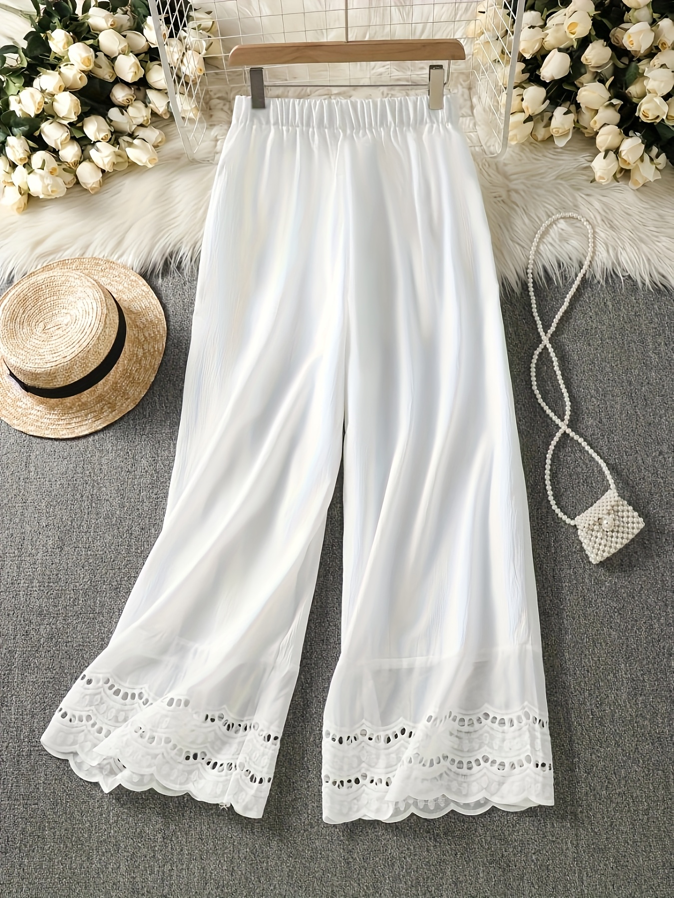 womens plus size elegant straight leg pants floral lace Temu