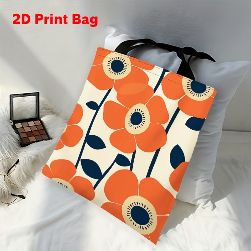 TEMU 1pc Double-sided Printed 2d Printed Tote Bag With Spring Orange Pattern. Large Capacity, Durable And Foldable, Suitable For Shopping, Gifts, And