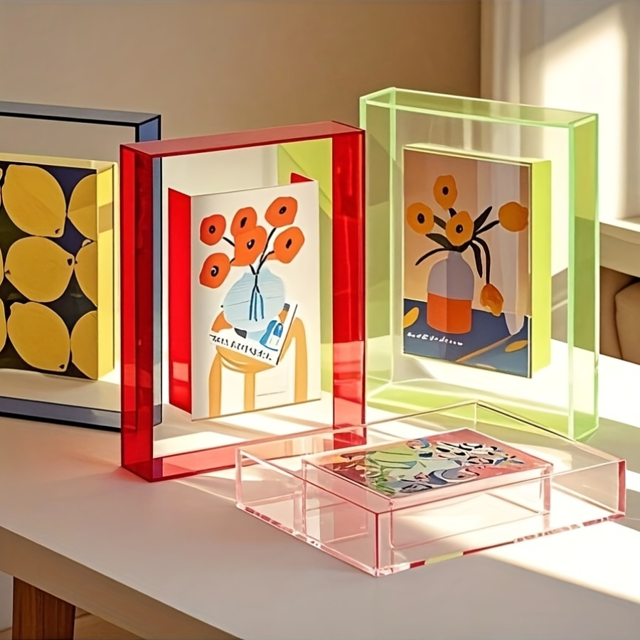 12.7/15.24/17.78/20.32 cm colorful acrylic photo frame box - diy poster mounting display stand, creative picture message board holder, tabletop decor with vibrant floral & abstract designs,   home or office decor, photo display stand | vibrant tabletop decor | acrylic construction, photo display stand 0