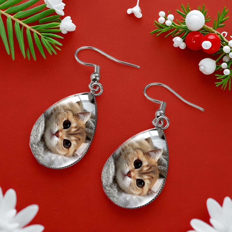 Cute Orange Cat Illustration Waterdrop Earrings, Glass