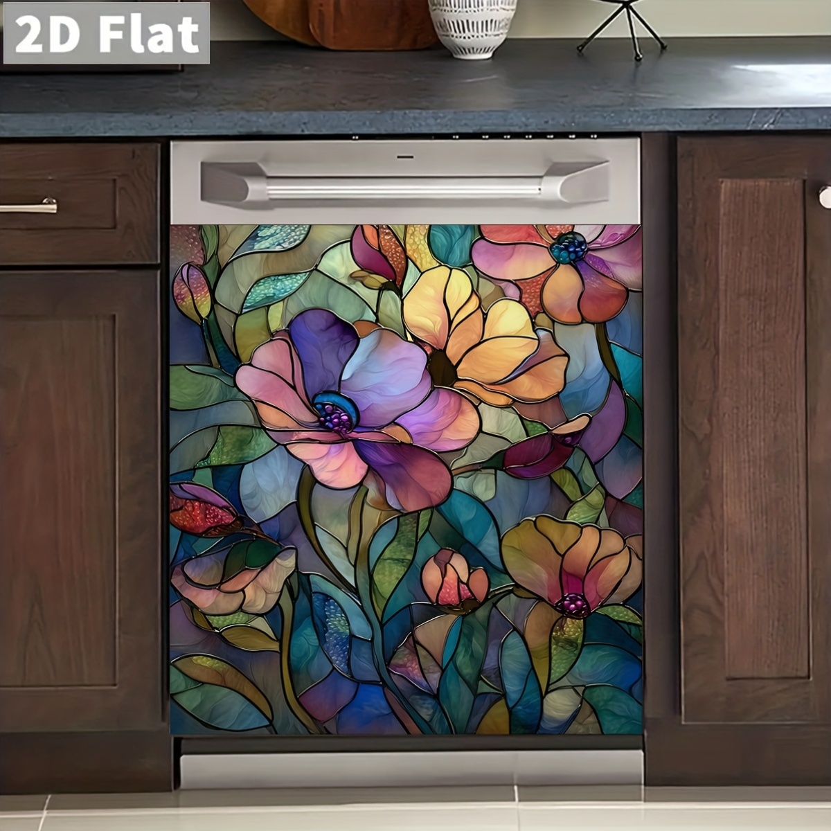 a magnetic dishwasher door cover featuring a 2d colorful floral pattern made of and heat resistant pvc material       and   without   is easy to clean and is reusable