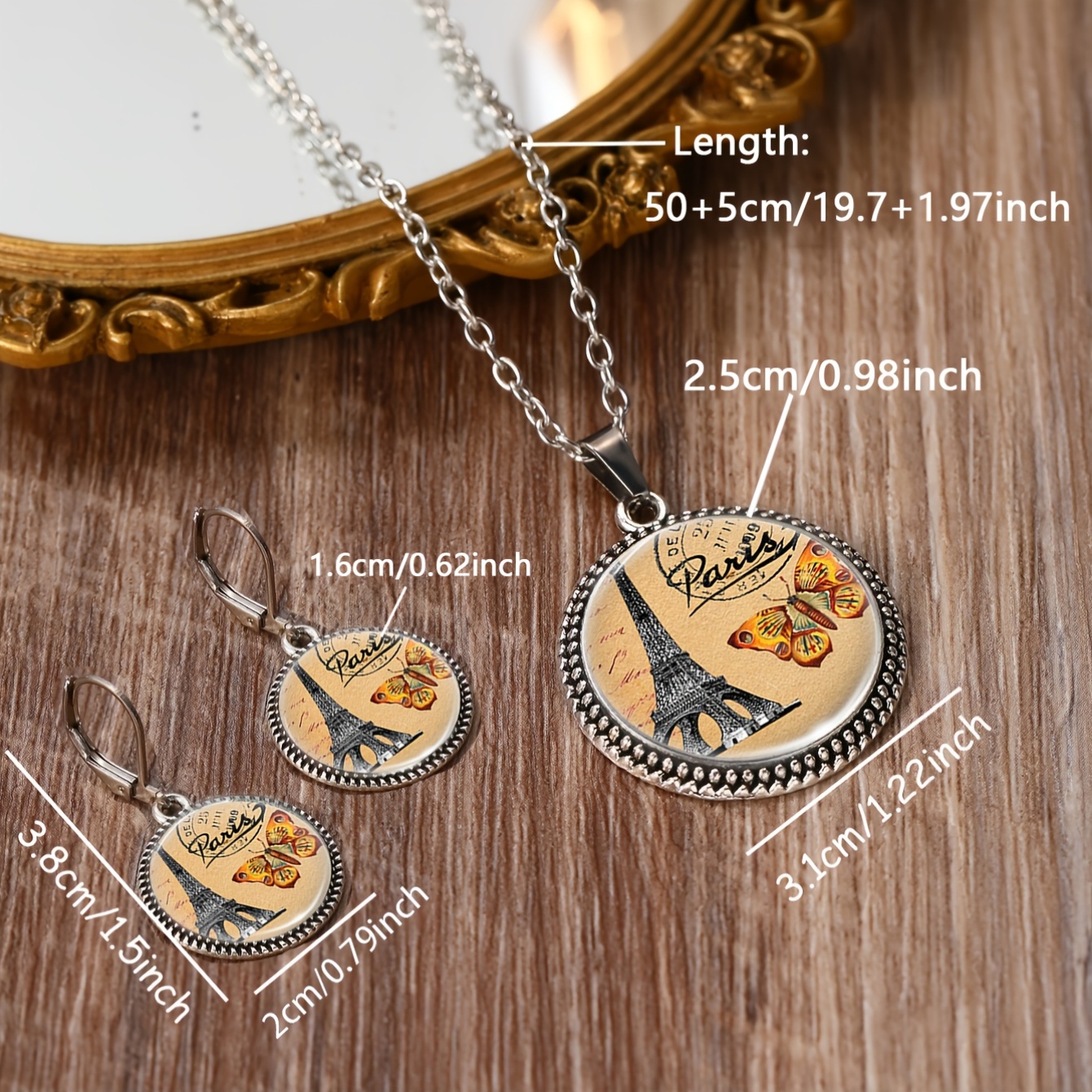 3pcs Eiffel Tower & Butterfly Round Badge Jewelry Set