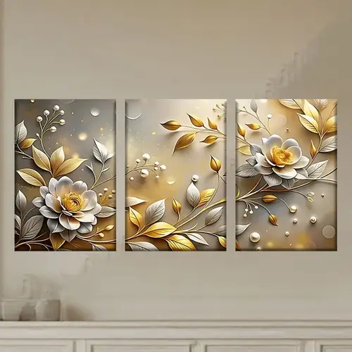 2d flat 3pcs set canvas painting unframed a beautiful floral background with golden and white flowers artists drawing living room office bar library cafe abstract art perfect birthday home decoration holiday gift labor day mothers day fathers day graduation ceremony