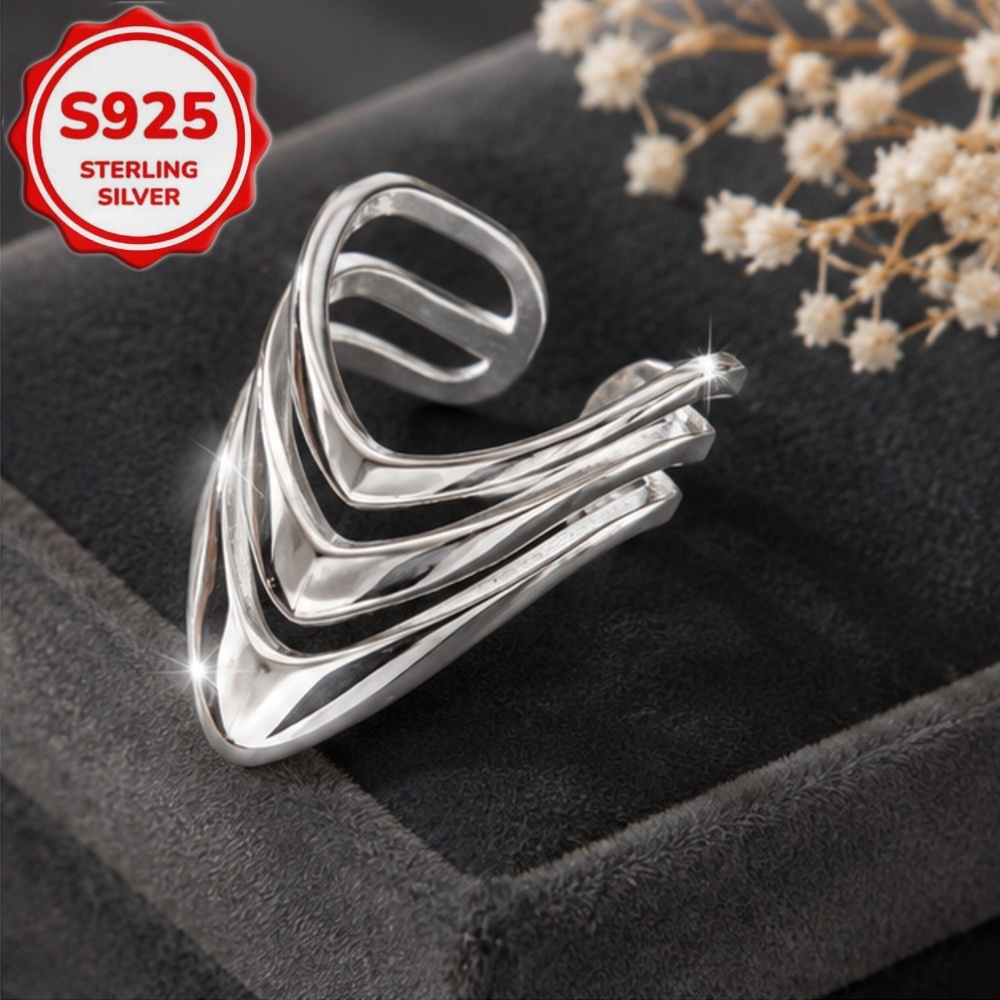 Women's S925 Silver Multi-Layer V-Shaped Statement Ring, Adjustable